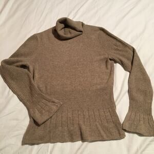 Magaschoni Medium !00% Cashmere Neutral Tan Ribbed Peplum Mini-Bell Sleeves